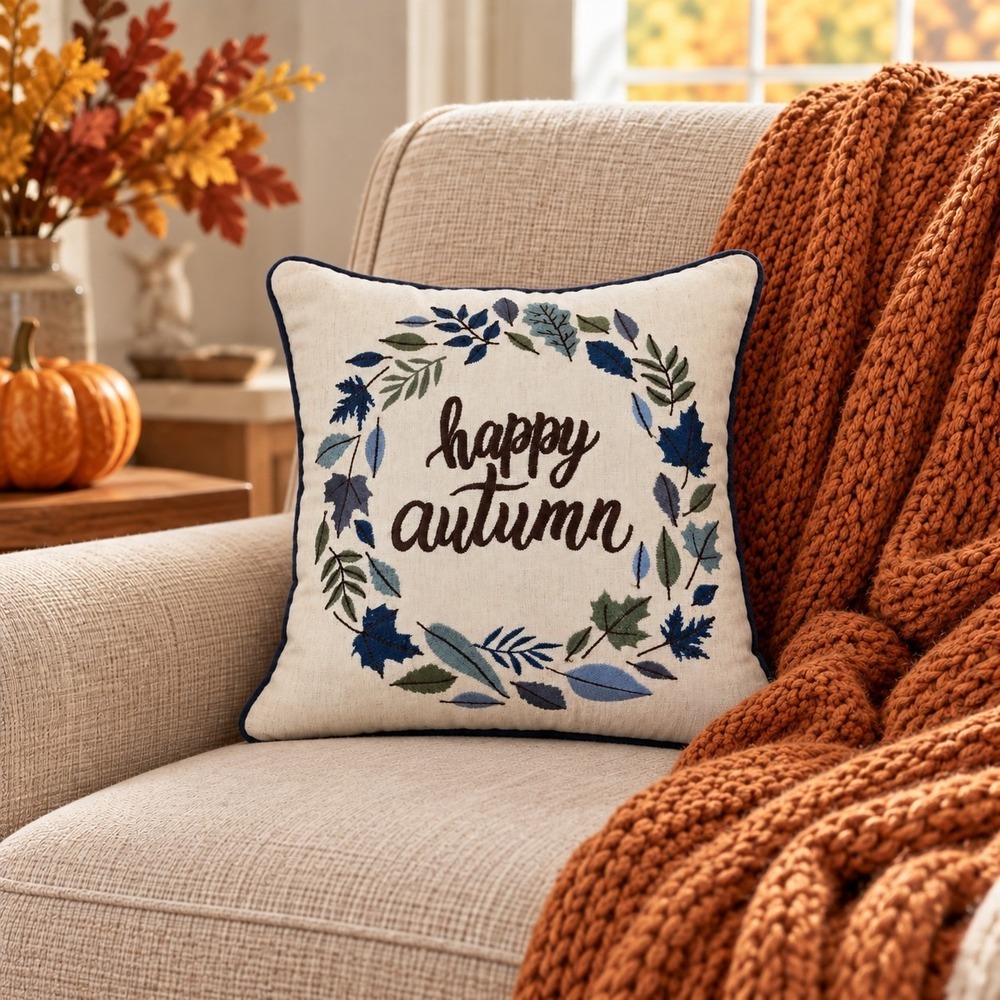 Pier 1 Happy Autumn Embroidered Throw Pillow Fall Leaves Blue Green 13x13
